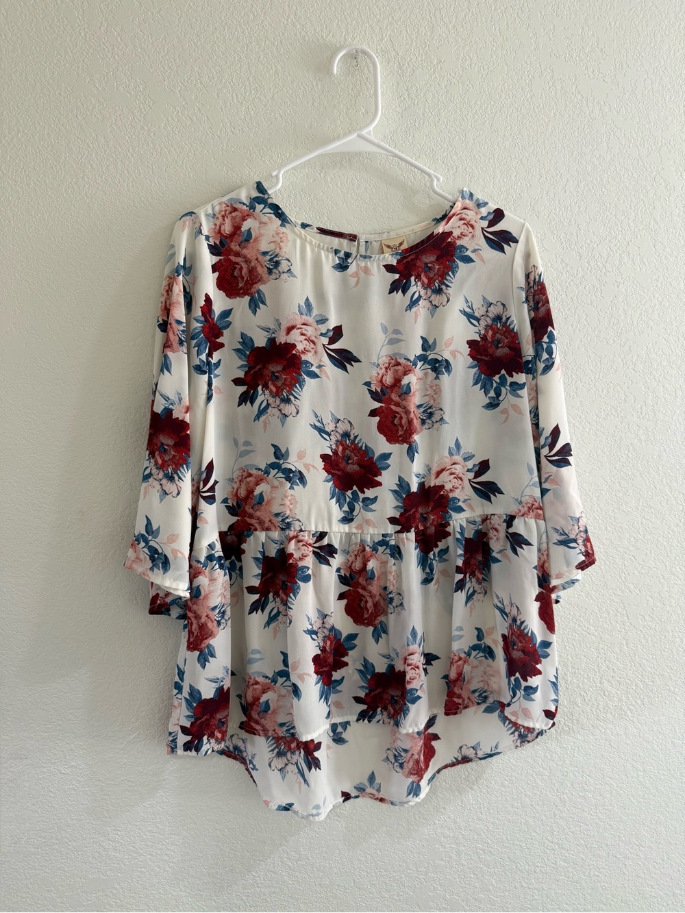 Faded Glory Cream Peplum Top with Burgundy Floral Print